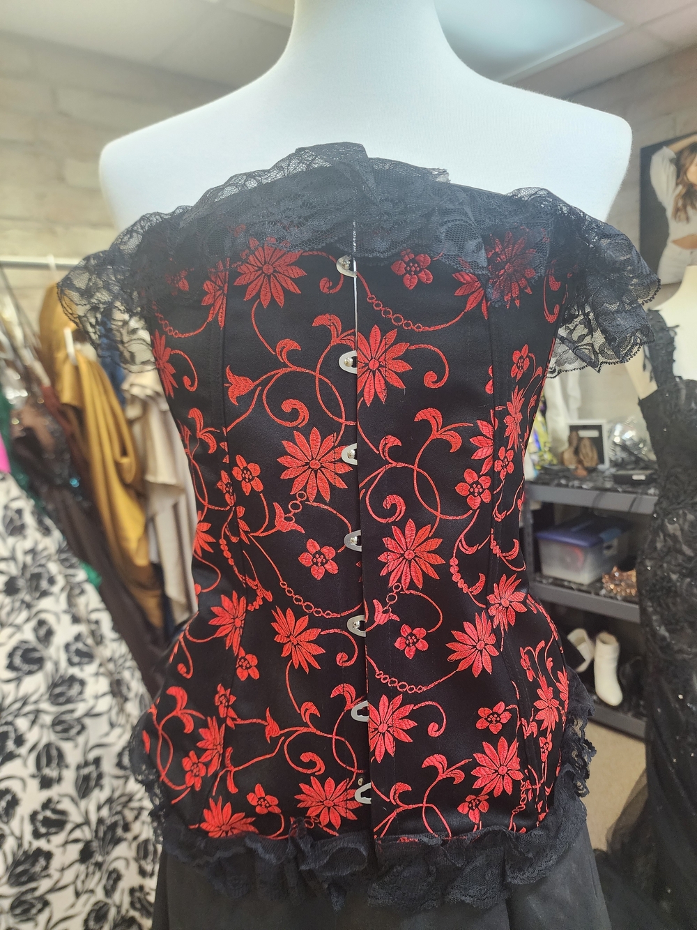 Black and Red Floral Lace Corset Dress - Women
